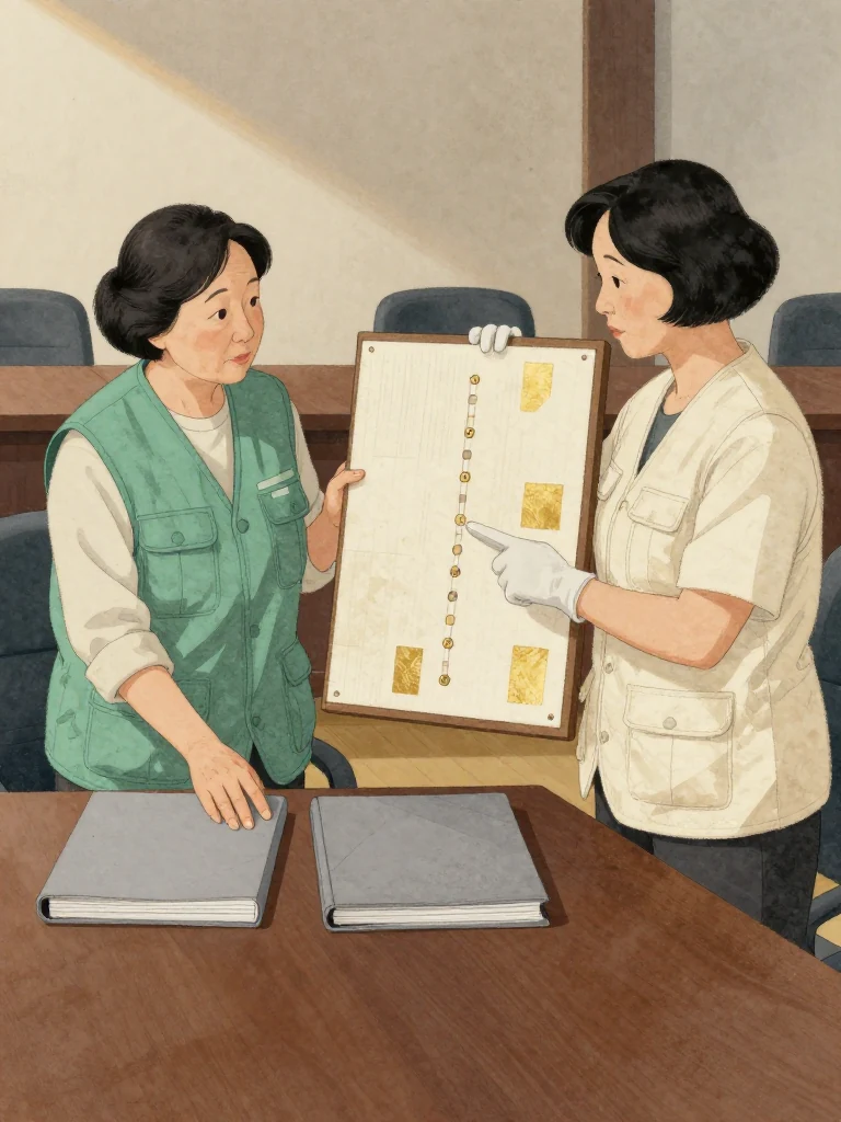 오세라 places two closed gray folios side by side on a conference table and points to the matching route tab positions. 서지안 opens her comparison board beside them and follows the three-part chain with one gloved fingertip. Late daylight, empty chairs, and restrained posture give the private meeting evidentiary weight.