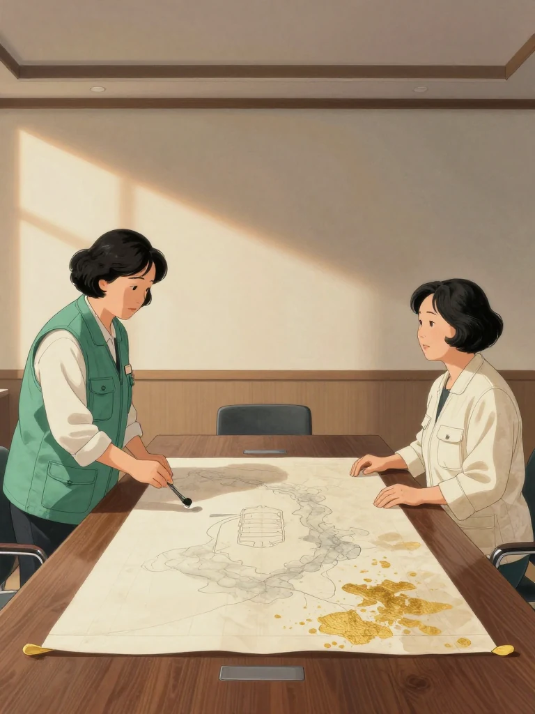 오세라 lowers a capped hand tool beside the finished comparison board and meets 서지안 across the conference table. Her shoulders stay square as she accepts professional risk under her own authority. The second woman remains composed, palms resting near the plain board, while late afternoon light divides the quiet room.