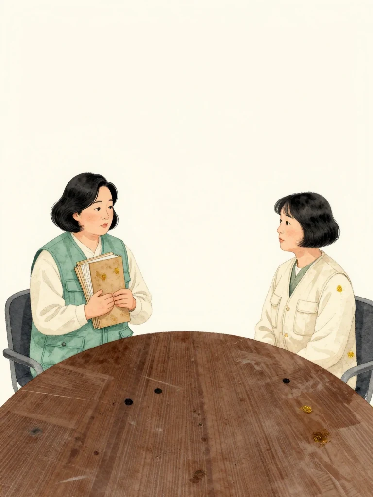 오세라 gathers the closed folios against her chest and admits the cost of an earlier hesitation while 서지안 listens across the table with a steady, unsentimental gaze. The bare conference room contains only muted chairs and cool overhead light, keeping attention on their contrasting burdens and shared decision.
