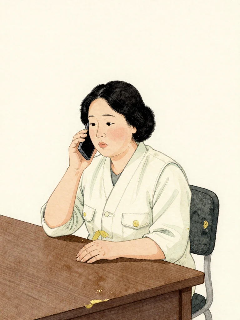 서지안 listens to a phone held near one ear, her free hand braced on the edge of a worktable as the prospect of an outside committee settles over her. Soft overhead light isolates her tense gaze and still shoulders. An empty chair beyond the table suggests the unknown observer who could soon join.