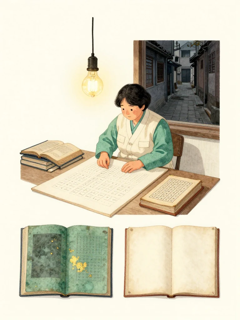서지안 sits beneath the workshop incandescent bulb with several old bound volumes opened around a plain comparison board. She moves slowly between pressed marks, enlarged surface photographs, and an untouched row of check positions, then pauses over the complete pattern. Cold late autumn darkness fills the alley beyond the window. Setting: 문향재. Visible objects: 수리 일지 마흔 권.