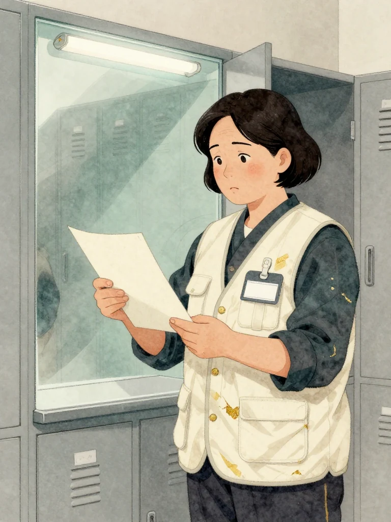 서지안 stands before a locker room mirror in a transport uniform, one hand holding a plain folded summons face-down while the other rests near a blank removable badge. Stark fluorescent light reflects from metal lockers. Her steady expression contains the shock of losing an assignment as institutional pressure reaches her daily work.