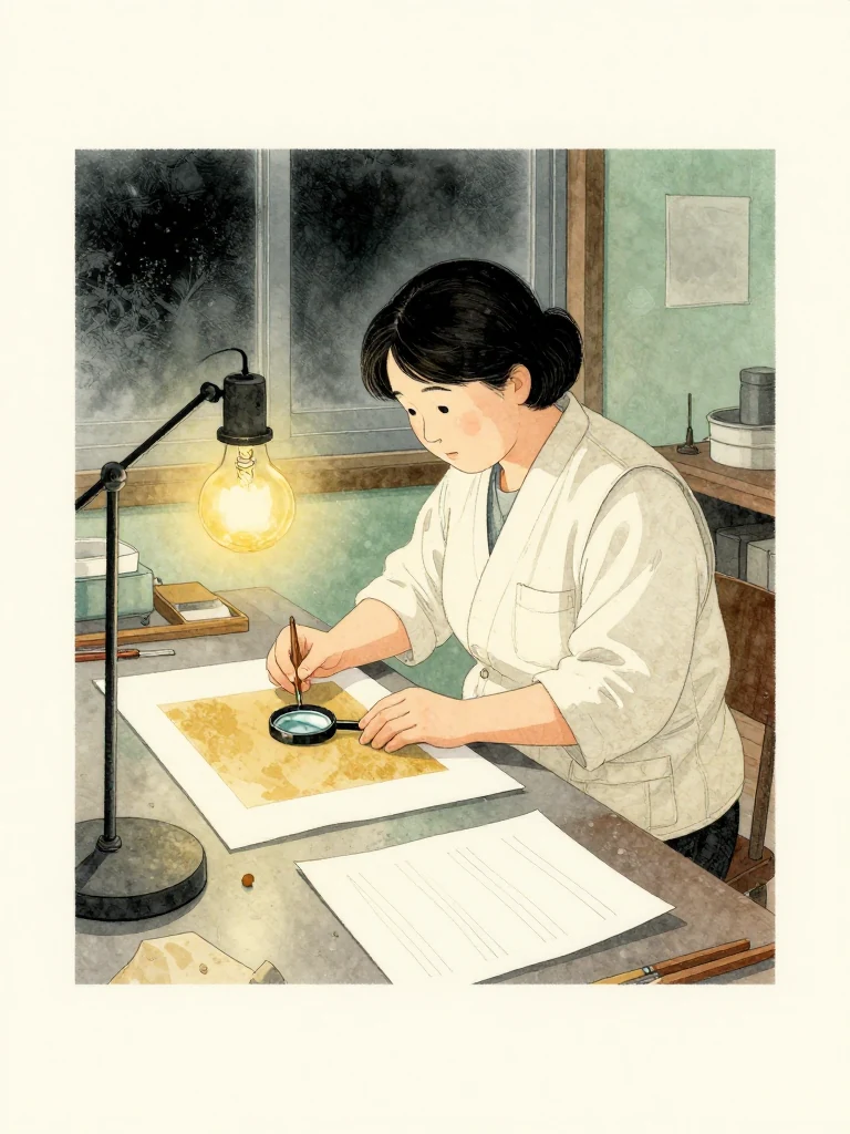 서지안 works alone at the cold workshop bench beneath a single incandescent bulb, arranging a lamp, magnifier, backing sample, and plain procedure sheets into a sequence anyone could repeat. Her fingertips hover above the tools rather than the artwork. Frosted darkness beyond the window underscores the risk of making her method public. Setting: 문향재.