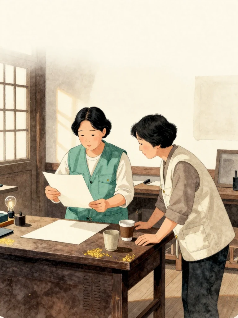 오세라 stands at the workshop bench with a plain rehearsal sheet held face-down, testing the order of her opening gestures while 서지안 leans forward and corrects the sequence. Two untouched coffee cups, a single incandescent bulb, and deep evening shadow frame their first private rehearsal inside the inherited workshop. Setting: 문향재.