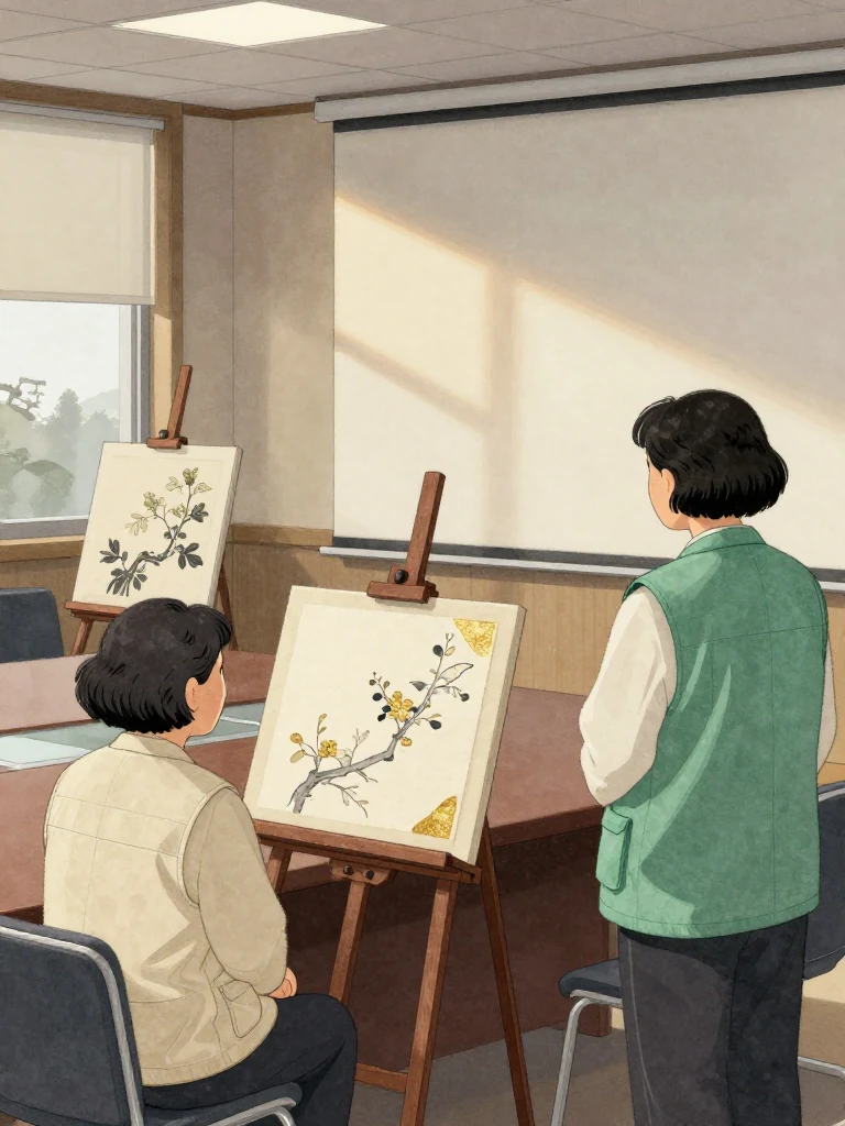 서지안 sits at the edge of a converted conference room with hands folded and gaze fixed on paired easels, while 오세라 stands beside a plain presentation board facing the committee. The landscape and plum painting receive raking lamps near the window. Cool morning light and occupied chairs establish a formal demonstration. Visible objects: 운계 산수도.