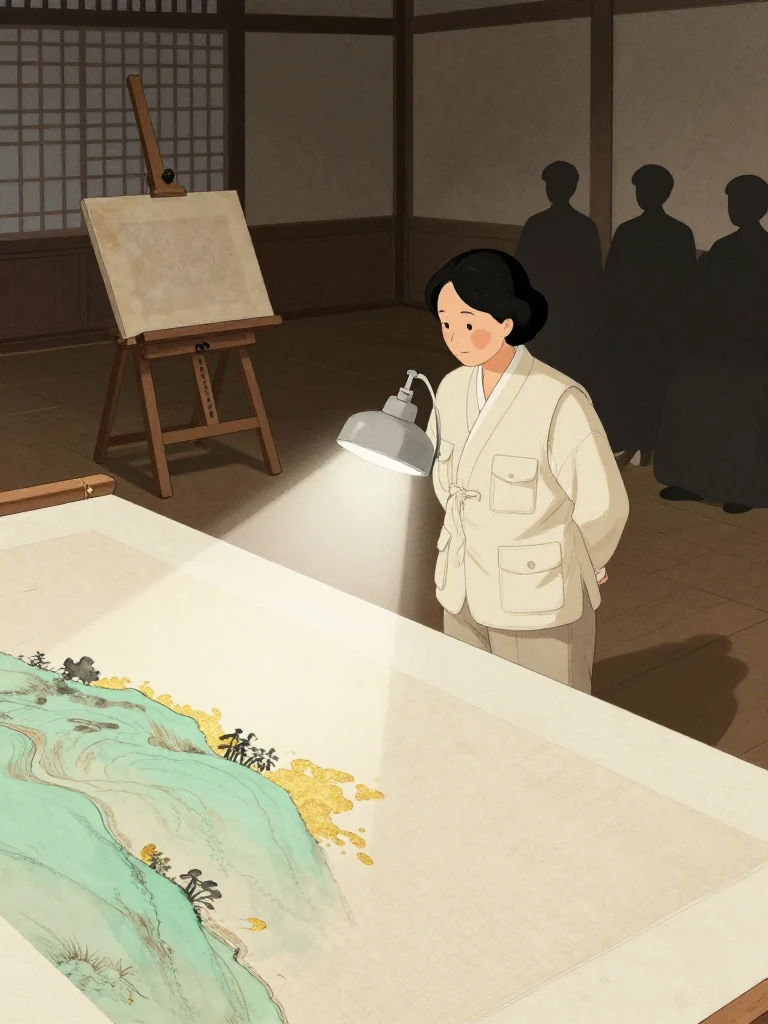 서지안 stands with both hands clasped behind her back as gloved evaluator hands enter the foreground to adjust a raking lamp over the landscape painting. The beam raises a split ridge of fiber shadow near one lower corner. Paired easels, a reverse light table, and silent committee silhouettes fill the converted room. Visible objects: 운계 산수도.