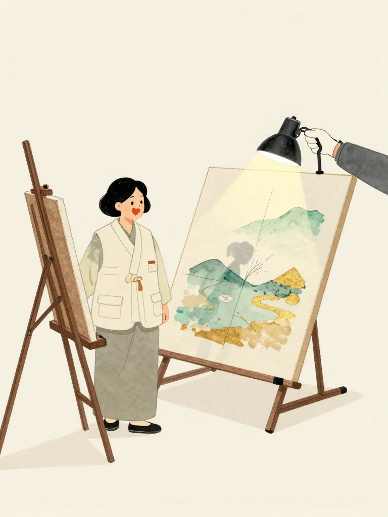 서지안 observes from beside the easel while gloved evaluator hands reset the raking lamp and the same split fiber shadow remains anchored on the landscape. A reverse light table glows nearby with layered paste penetration visible through the mounted sheet. Cool conference lighting and still observers emphasize repeatability. Visible objects: 운계 산수도.