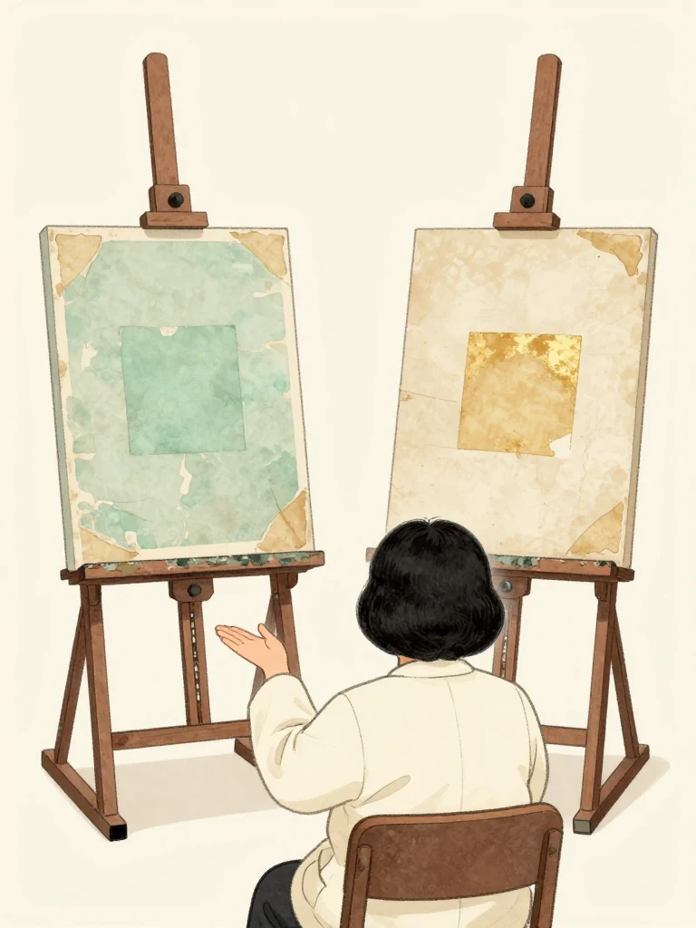 서지안 rises from the observer seat and addresses the chair with one open palm angled toward the paired paintings. Her level gaze requests preservation of each painting's single calculated patch of aging in the proceeding. Raking light, silent evaluators, and the two easels hold the room in concentrated stillness. Visible objects: 운계 산수도.