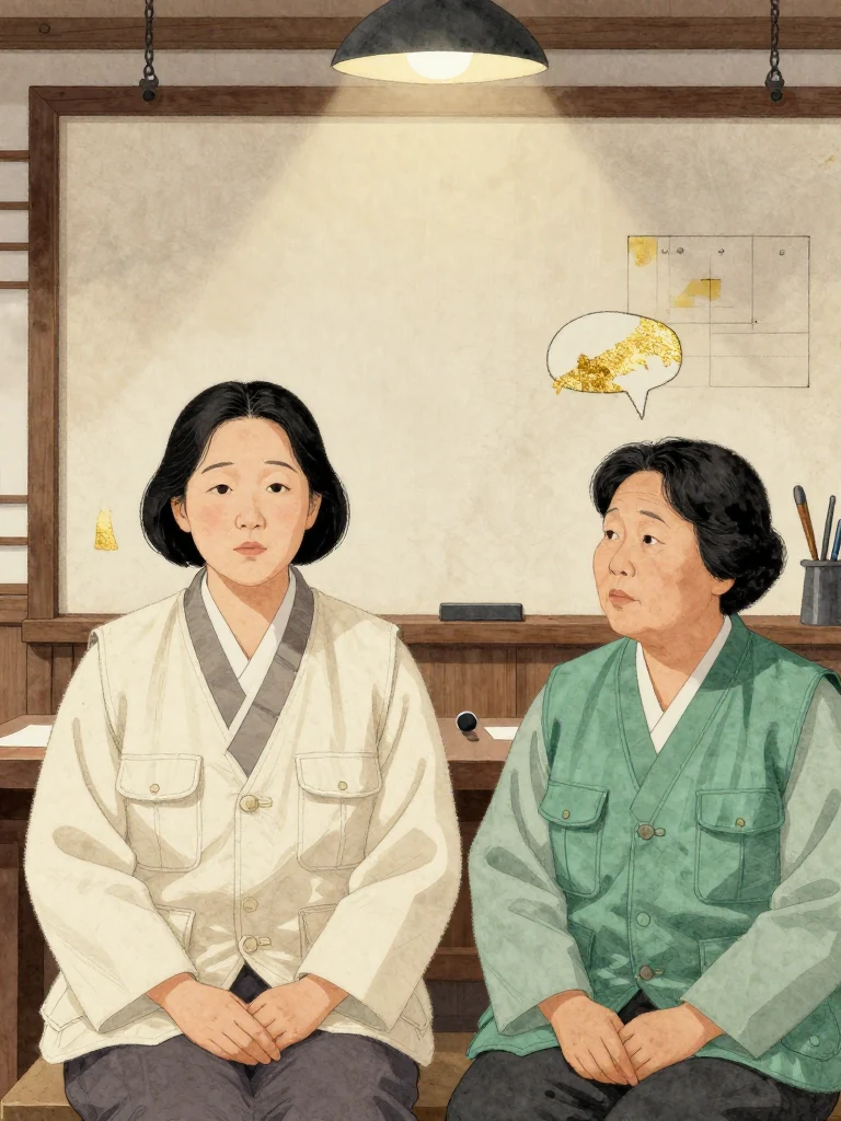 서지안 pauses for a measured breath, eyes fixed on an elder evaluator beyond the frame after he reveals knowledge absent from the submitted materials. 오세라 sits rigidly beside her, recognizing the same breach. A plain comparison board, capped hand tools, and cold conference light sharpen their shared realization.