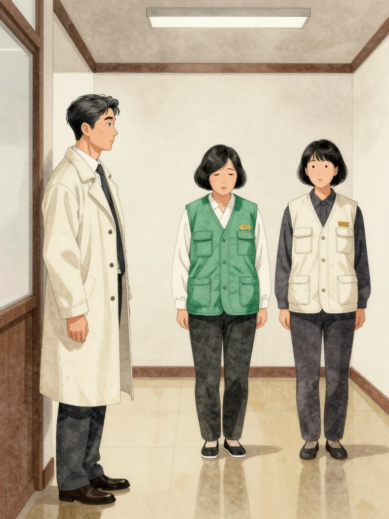 허영근 waits at the corridor end with his loosened tie hanging unevenly, looking from 오세라 to 서지안 as they leave the hearing. The second woman answers with controlled fatigue while the third holds her ground. Polished floors, a blank wall, and cool overhead light expose the financial reckoning.