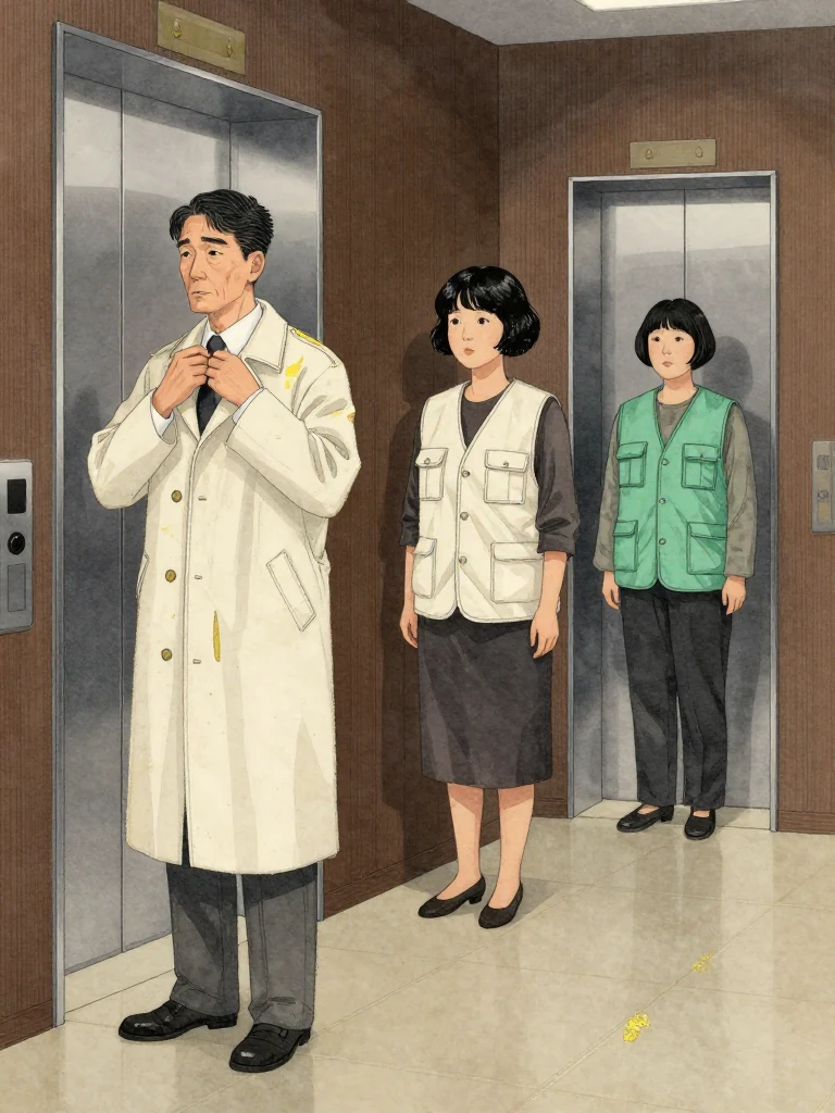 허영근 turns away after loosening his tie and fixes 서지안 with a final calculating glance. She stands uncredited yet steady near the elevator, while 오세라 emerges from the hearing behind them. Brushed metal doors, polished flooring, and cold institutional light frame the unequal distribution of risk and recognition.