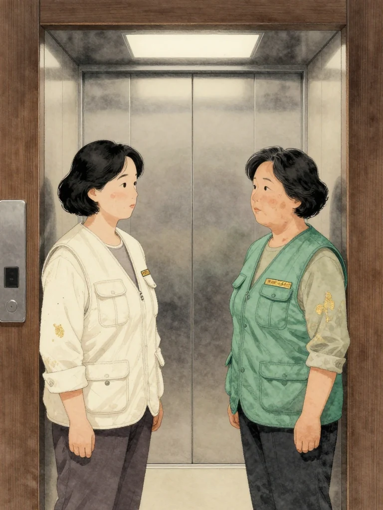 서지안 faces 오세라 near the elevator, listening as the other woman quietly confirms that an elder evaluator knew an unsubmitted clue. Both keep their hands lowered and posture restrained. The empty corridor, closed elevator doors, and soft overhead light isolate the moment their procedural victory becomes an internal leak.
