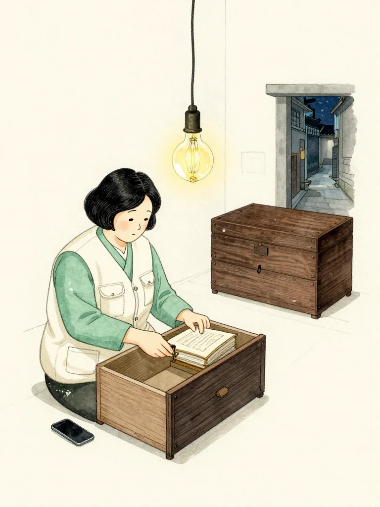 서지안 sits beneath the workshop bulb, locks the unused fourth procedure inside a deep drawer, and transfers a late supplier clue into a private bound volume. Her phone rests dark beside her hand. The closed attic chest remains across the room while cold night gathers in the alley outside. Setting: 문향재.