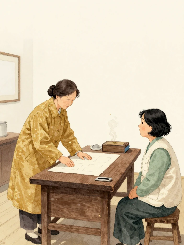 서명주 places a plain sale folio on the workshop table and taps two empty seal positions while 서지안 remains seated with hands folded away from the stamp box. Warm sesame and laundry steam cling to the visitor's coat. Early winter evening light and the inherited workbench contain a practical family confrontation. Setting: 문향재.
