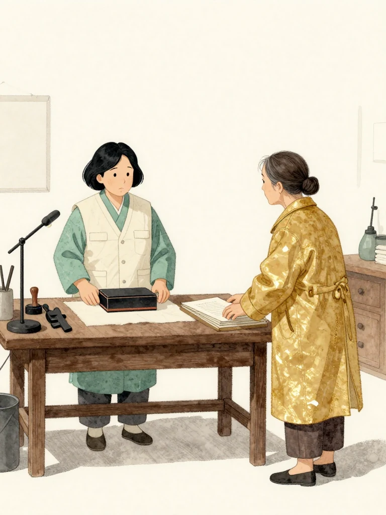서지안 keeps the stamp box closed and holds her ground across the worktable with both hands visible, while 서명주 stops over the sale folio and turns fully toward her. The workshop bulb throws long shadows across old tools and folded cloth. Their rigid posture makes a five-year silence physically present between them. Setting: 문향재.
