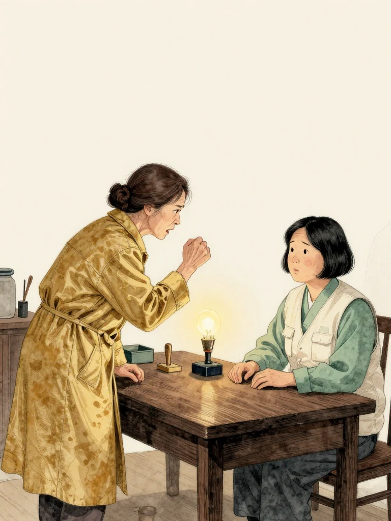 서명주 falters mid-rebuke, one hand clenched above the table as anger leaves 서지안 and turns toward the absent elder whose tools surround them. The younger woman remains seated, accepting the blow with lowered hands. Warm bulb light, the closed stamp box, and deep workshop shadow hold the unfinished sentence. Setting: 문향재.