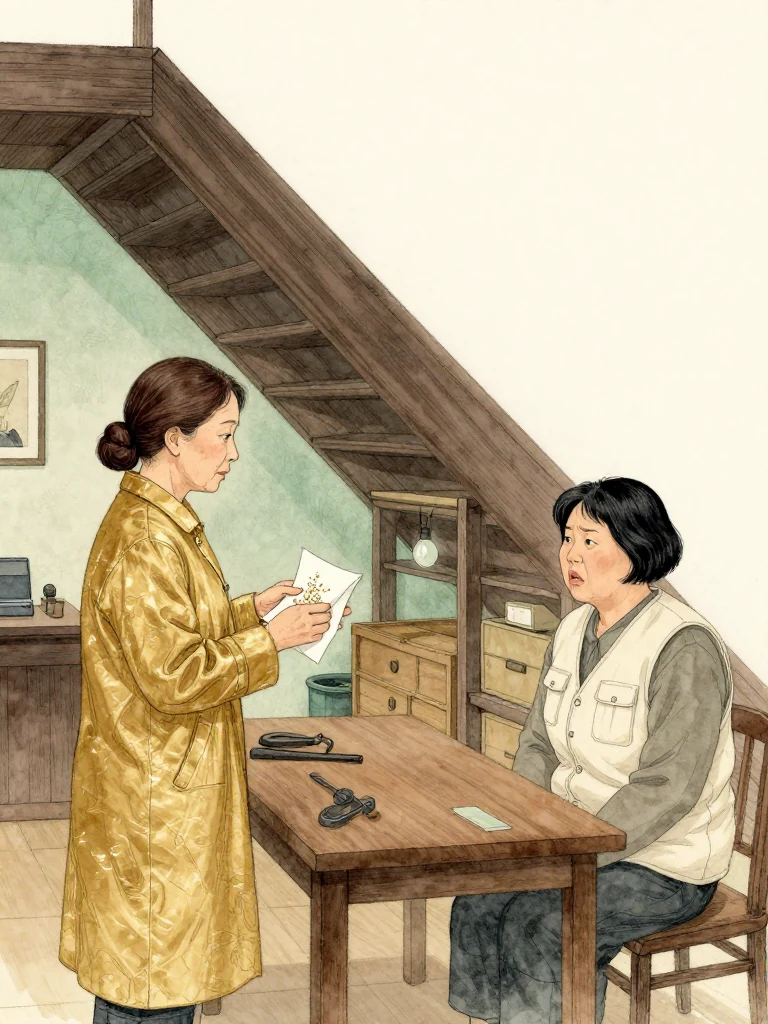서명주 folds the sale folio into a tight square with sesame-scented hands, then looks toward the attic stairs while 서지안 waits across the table. Her anger has collapsed into difficult memory. The workshop bulb pools over old tools and the closed chest upstairs, marking a partial opening rather than surrender. Setting: 문향재.