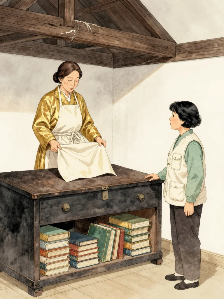 서명주 refolds her mother's apron atop an attic chest and holds it there for a final breath while 서지안 waits beside the latch. When the lid rises, bundled old volumes fill the compartment beneath cold attic air. Dusty rafters, frayed cord, and careful hands turn storage into an archive. Setting: 문향재. Visible objects: 수리 일지 마흔 권.