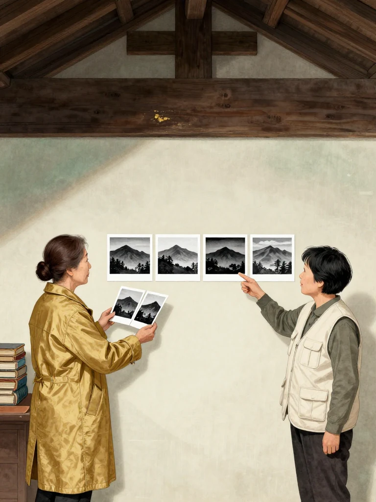 서명주 fans seven black-and-white photographs across both hands and studies the continuous mountain scene while 서지안 points to the missing space after the final visible panel. Bundled old volumes and a small repaired tray rest beside them. Cold attic light emphasizes one deliberate absence within an otherwise complete sequence. Setting: 문향재. Visible objects: 수리 일지 마흔 권.