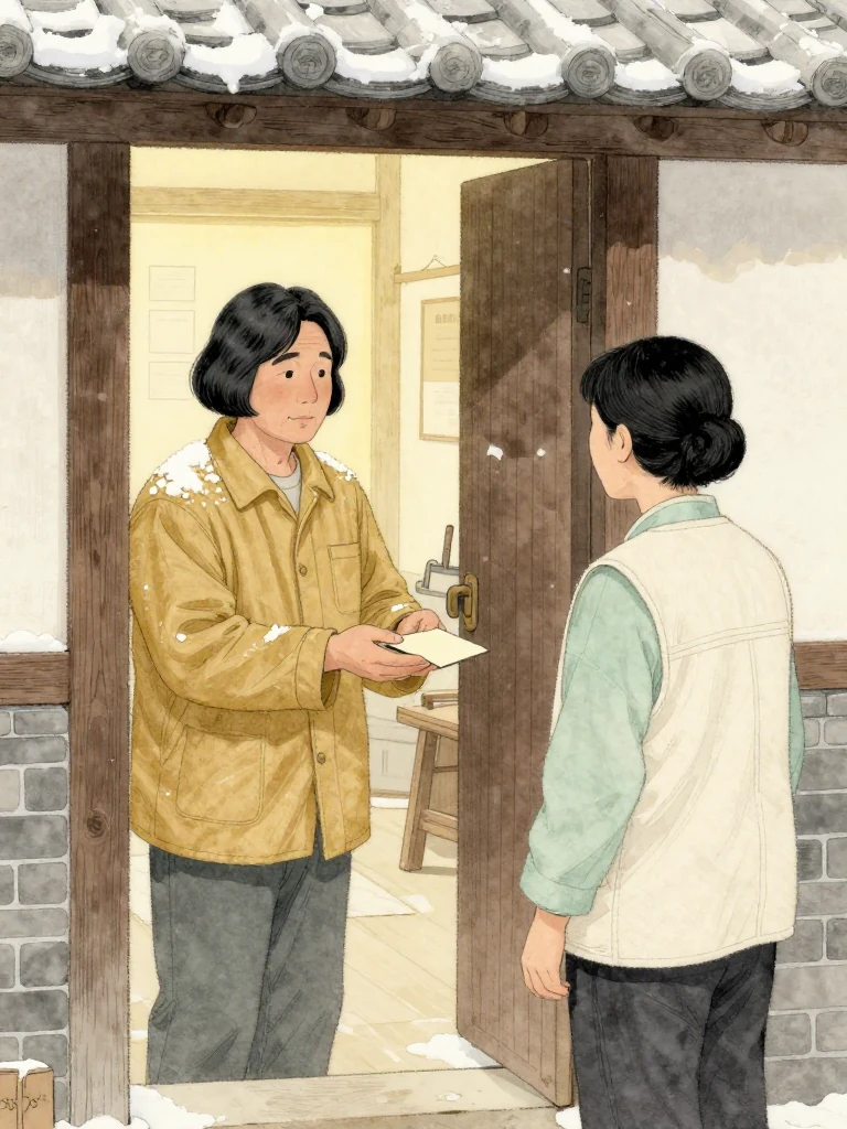 차현석 stands at the workshop doorway with wet snow caught on his coat shoulders and offers a plain cream contact token in both hands. 서지안 faces him from inside, accepting neither his help nor his carefully measured familiarity. The narrow threshold, cold alley light, and warm workshop glow divide visitor from family space. Setting: 문향재.