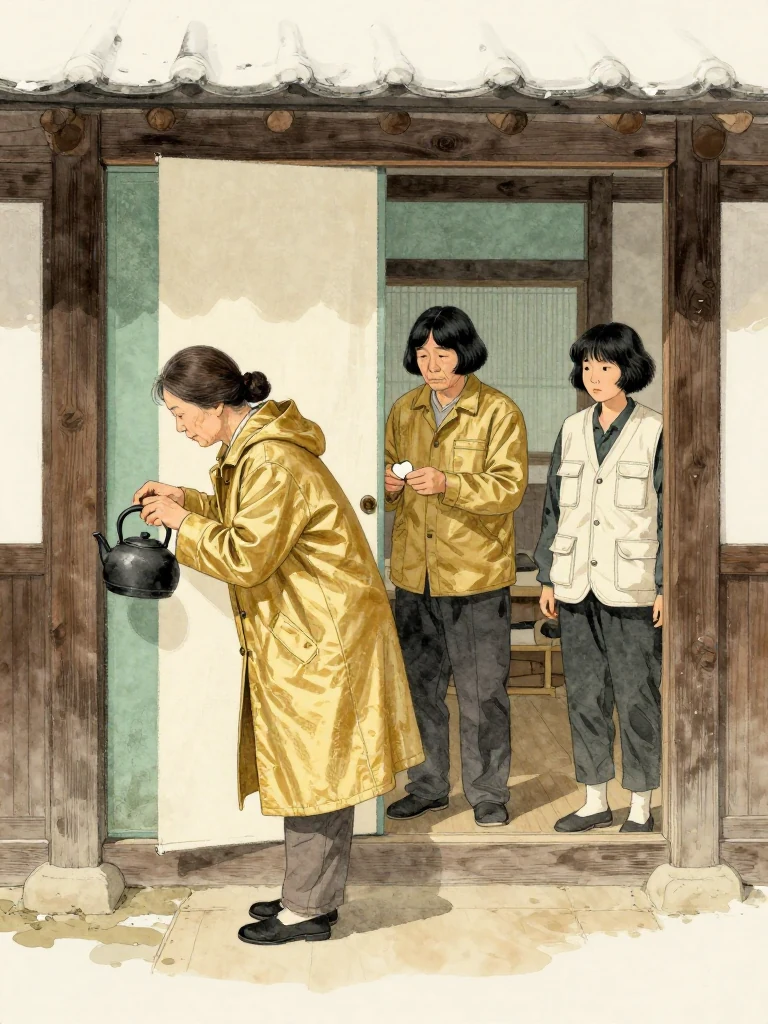 서명주 descends with a kettle as 차현석 buttons his coat and bows with exact courtesy at the doorway. 서지안 remains inside holding the plain contact token, gaze sharpened by his intimate knowledge of the attic. Warm workshop light meets wet winter dusk while his controlled departure leaves a deliberate warning. Setting: 문향재.