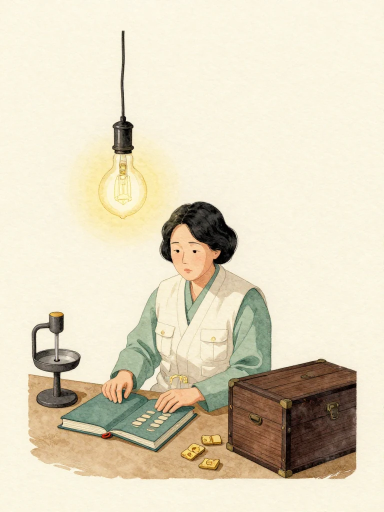 서지안 sits alone beneath the workshop bulb with the expulsion entry open face-down beside a private bound volume. She aligns gaps in accusation, recovery, trade warning, and later precautions using separated plain tokens. The cold room, capped fountain tool, and closed attic chest frame her realization that the old accusation was intentionally incomplete. Setting: 문향재.