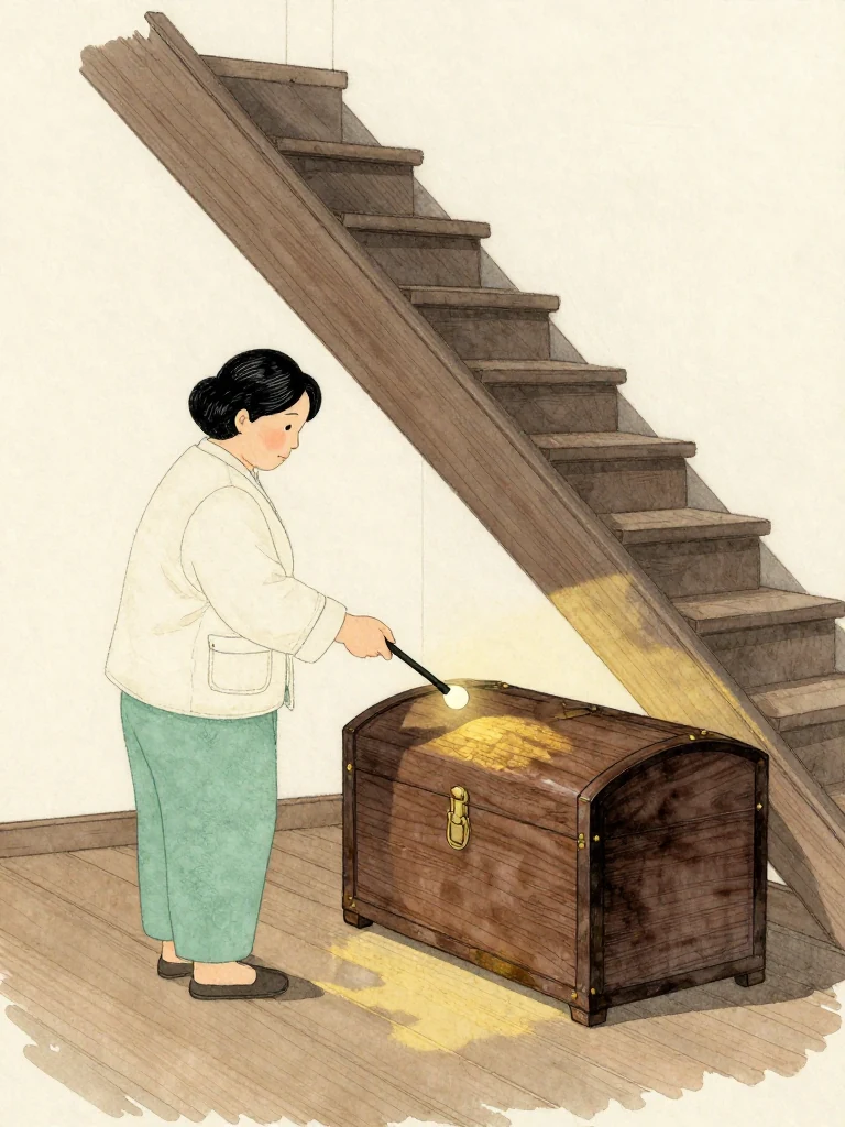 서지안 lowers a capped fountain tool and stares at the locked wooden half-chest beneath the attic stairs. Her shoulders settle as she reinterprets the elder's long silence as unfinished measurement rather than surrender. The single bulb stretches the chest shadow across worn floorboards, linking the missing photograph to the hidden compartment. Setting: 문향재.