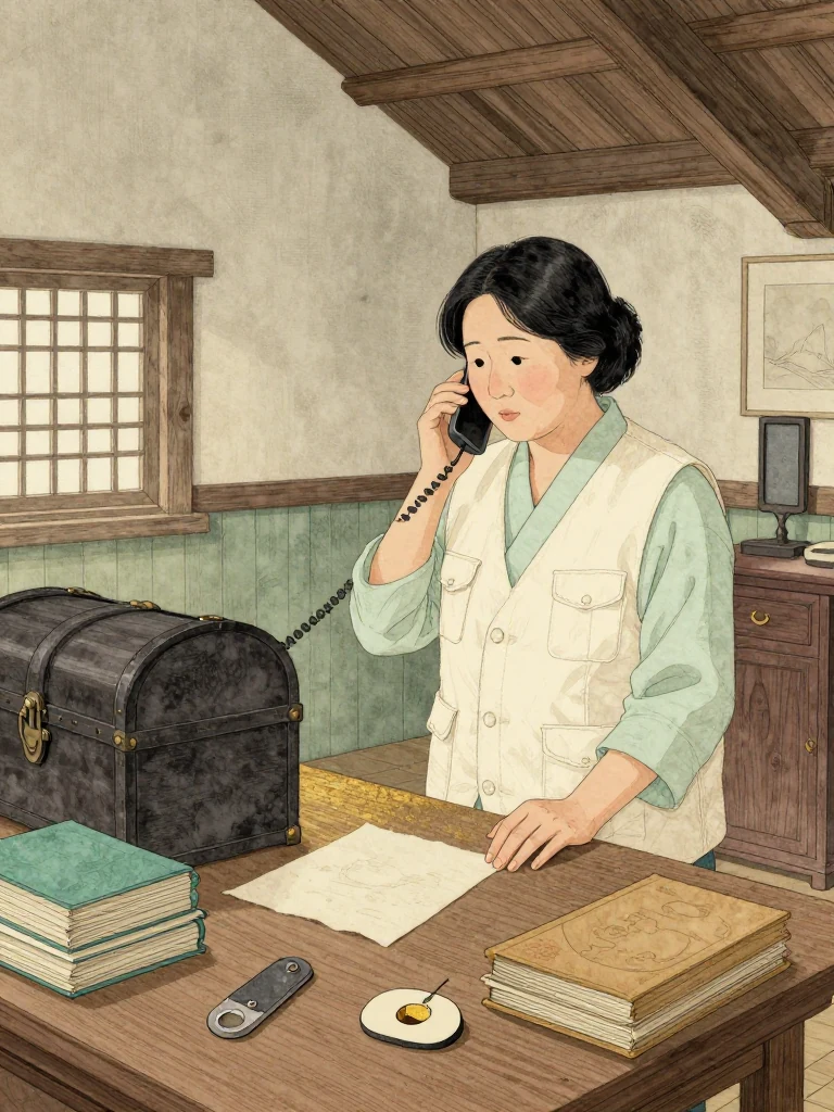 서지안 listens to a phone near one ear beside the locked half-chest, her free hand resting on the attic table as several separate clues converge. The workshop remains empty around her. Cold predawn light touches bundled volumes and the plain contact token while unseen institutional pressure closes around the inherited space. Setting: 문향재.