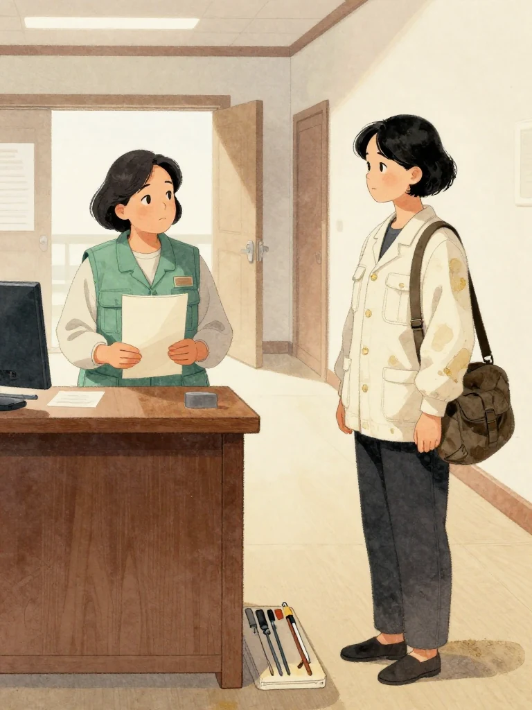 오세라 returns from the registration desk holding a closed plain folio against her chest while 서지안 waits in the corridor with demonstration tools packed at her feet. Their final check is conveyed through aligned gestures and steady eye contact. Cold morning light, distant auditorium doors, and a heavy shoulder bag establish the approaching public test.