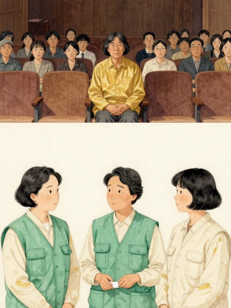 차현석 sits motionless at the far end of a crowded observation row with his coat folded precisely across his knees. 오세라 and 서지안 confer in the foreground over a small folded cue strip, then glance toward him. Bright auditorium light and restless anonymous attendees contrast with his complete lack of surprise.