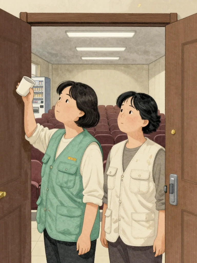 오세라 lifts a half-empty cup near the auditorium doors and angles her chin toward the distant observation row while 서지안 follows her gaze. Both women hold their nerves in controlled posture. Fluorescent corridor light, a humming vending alcove, and the closed hall doors create a brief pocket of candor before the demonstration.