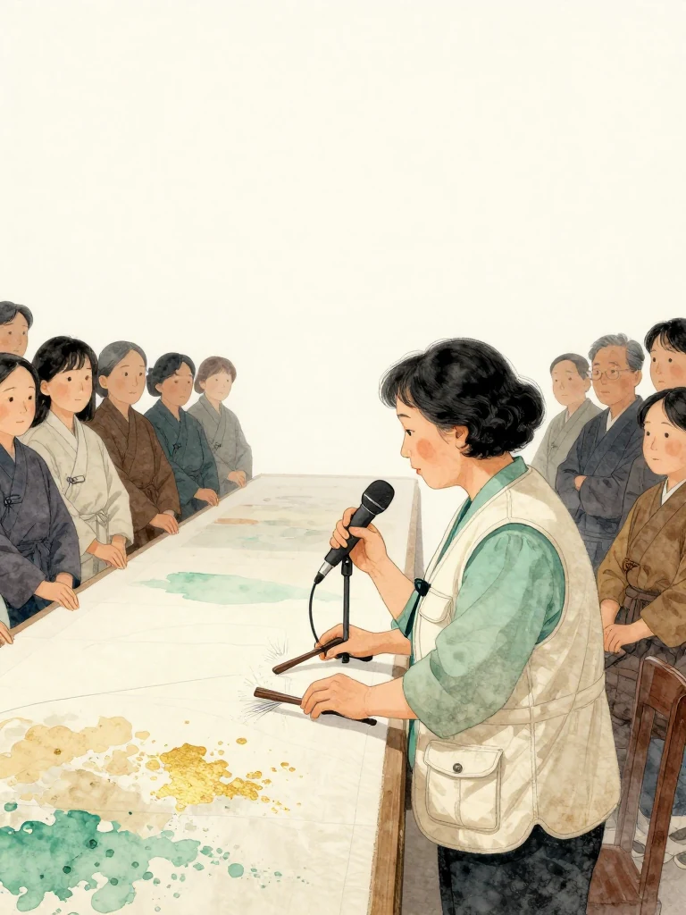 서지안 stands at the microphone facing a smooth luminous display, calmly completing each physical test even as the flat scan yields only featureless glare. Her hands remain steady beside packed raking tools. Rows of observers recede behind her while the failed medium becomes visible through stillness, blank light, and paused audience movement.