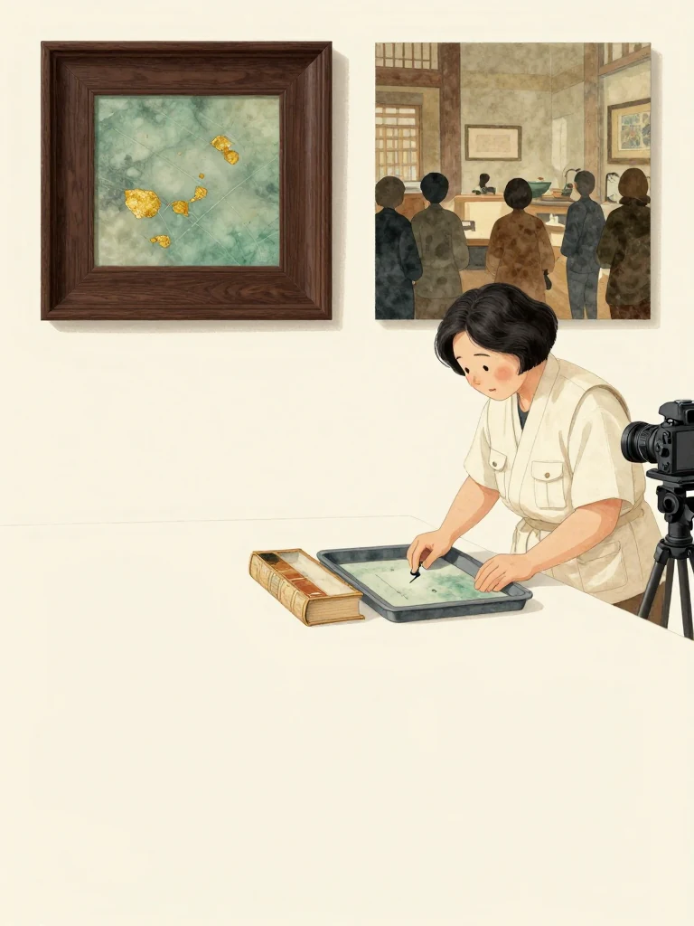 서지안 arranges four physical proof groups across the demonstration table, ending with an old bound volume and a small repaired tray beneath a magnifying camera. She indicates a fine heat mark on the tray while the paired paintings remain beyond. Bright hall lighting and attentive silhouettes turn private workshop practice into public evidence. Visible objects: 수리 일지 마흔 권.
