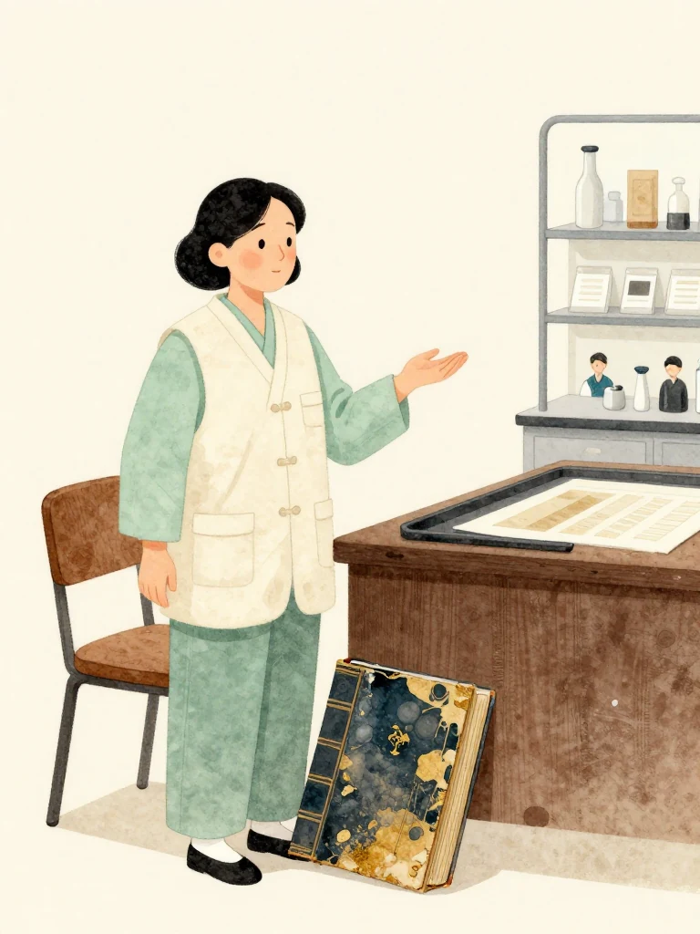 서지안 stands beside the old bound volume and repaired tray with one palm open toward the independent laboratory route, her posture firm as an opposing evaluator rises beyond the frame. The chair leans toward the evidence table. Bright institutional light, sealed sample sleeves, and silent attendees mark the shift from argument to measurement. Visible objects: 수리 일지 마흔 권.