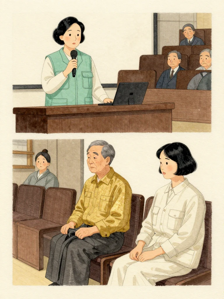 오세라 rises at the microphone and places her professional standing behind the scientific examination, while 차현석 adjusts the folded coat on his knees at the far observation row. 서지안 observes from beside the demonstration table. Reporters and owners stir across the auditorium as the auction house openly breaks with inherited authority.