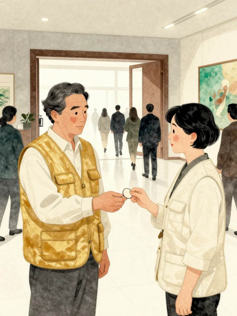 강도윤 steps beside 서지안 in the busy lobby and offers a plain unmarked contact token with one hand while keeping his gaze on the departing owners and observers. She turns from the auditorium doors to receive it. Cool overhead light and flowing anonymous silhouettes reveal that his attention follows people rather than paintings.