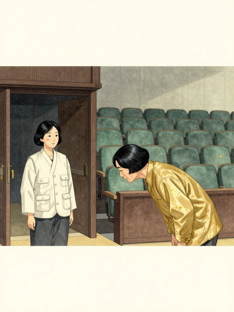 서지안 pauses at the auditorium exit and returns 차현석's shallow formal bow with the same restrained angle. Their eyes remain locked across the thinning observation row. Cool even light, folded coats, and emptying seats make the tiny mirrored gesture feel like the opening move of a private contest.