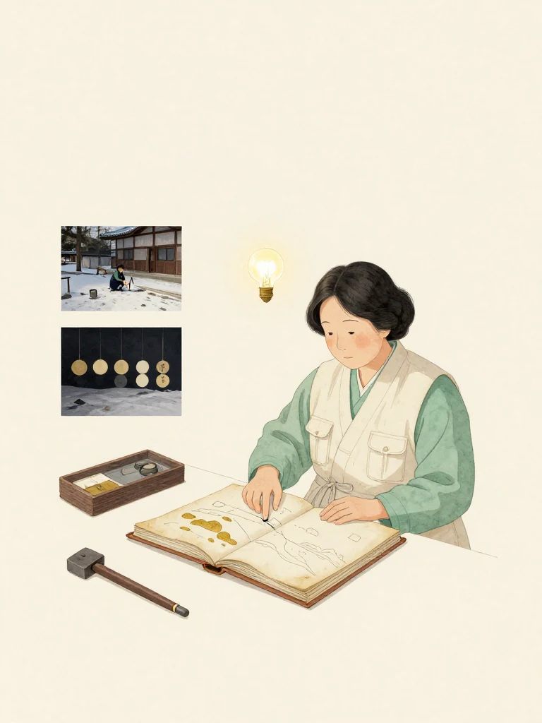 서지안 sits beneath the workshop bulb with an old bound volume opened to the unfinished landscape section. Her fingertip stops beside two faint compressed lines while nearby photographs and a private sequence of plain tokens reconstruct the winter of expulsion. Deep night, worn tools, and the open volume reveal a much older precedent. Setting: 문향재. Visible objects: 수리 일지 마흔 권.