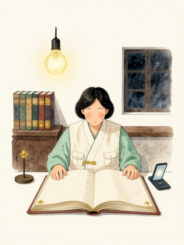 서지안 remains seated before the open old volume, hands resting at either side as the sole unfinished section becomes an accusation waiting for completion. The workshop bulb pools over bundled companion volumes and the absent final photograph space. Her phone begins to glow nearby while cold midnight presses against the window. Setting: 문향재. Visible objects: 수리 일지 마흔 권.