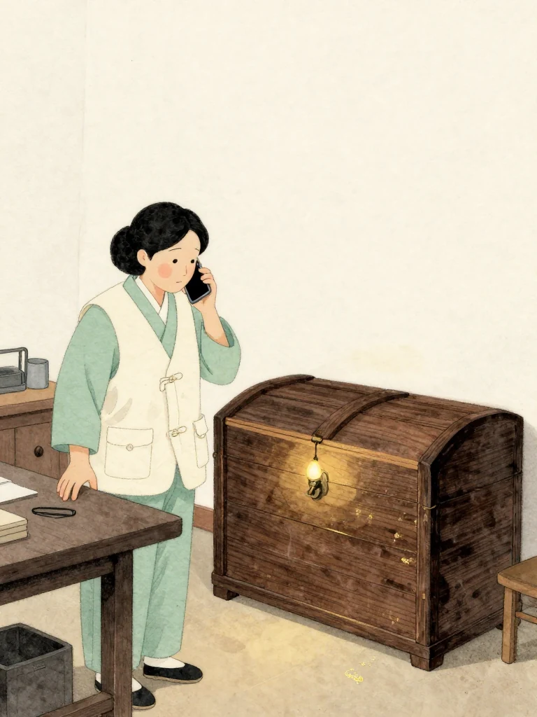 서지안 lowers a phone after listening to her mother and turns toward the locked wooden half-chest across the workshop. Her free hand rests beside the darkened workbench, carrying the public victory back into family memory. Cold midnight light, a single warm bulb, and the untouched latch hold the promised opening in suspension. Setting: 문향재.