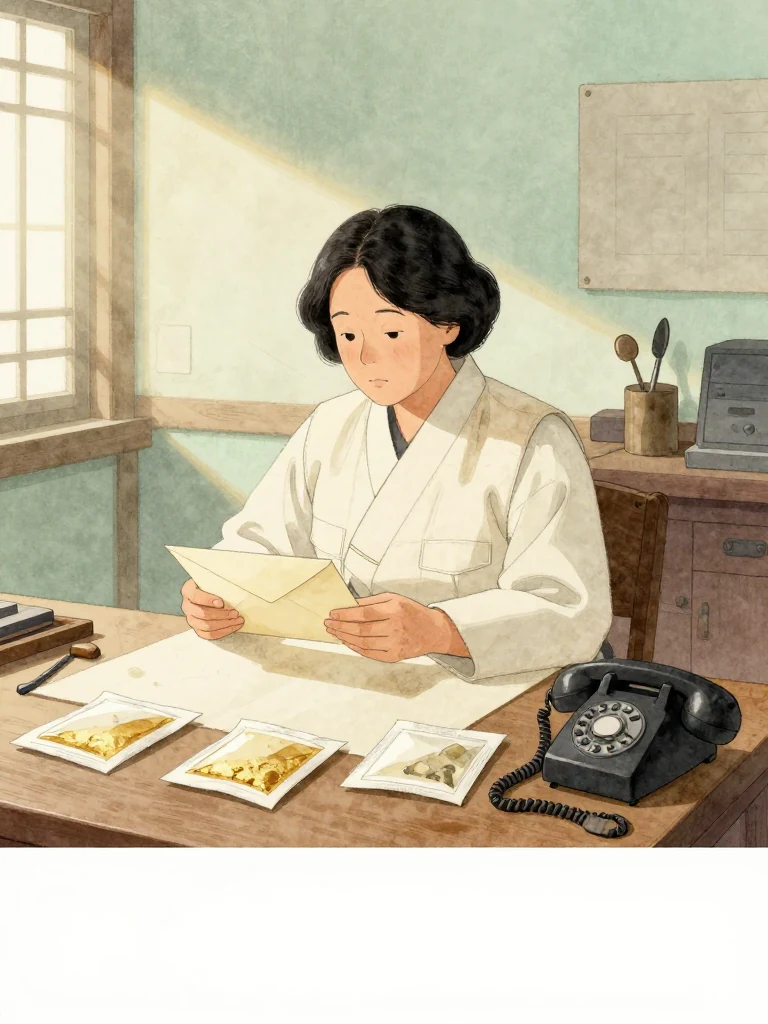 서지안 sits at the workshop table beneath pale morning light, holding a thin official envelope face-down while three laboratory sample packets lie sealed beside it. Her fixed gaze and motionless shoulders convey a decisive result rather than triumph. The phone rests nearby, and the old workshop tools remain quiet around her. Setting: 문향재.