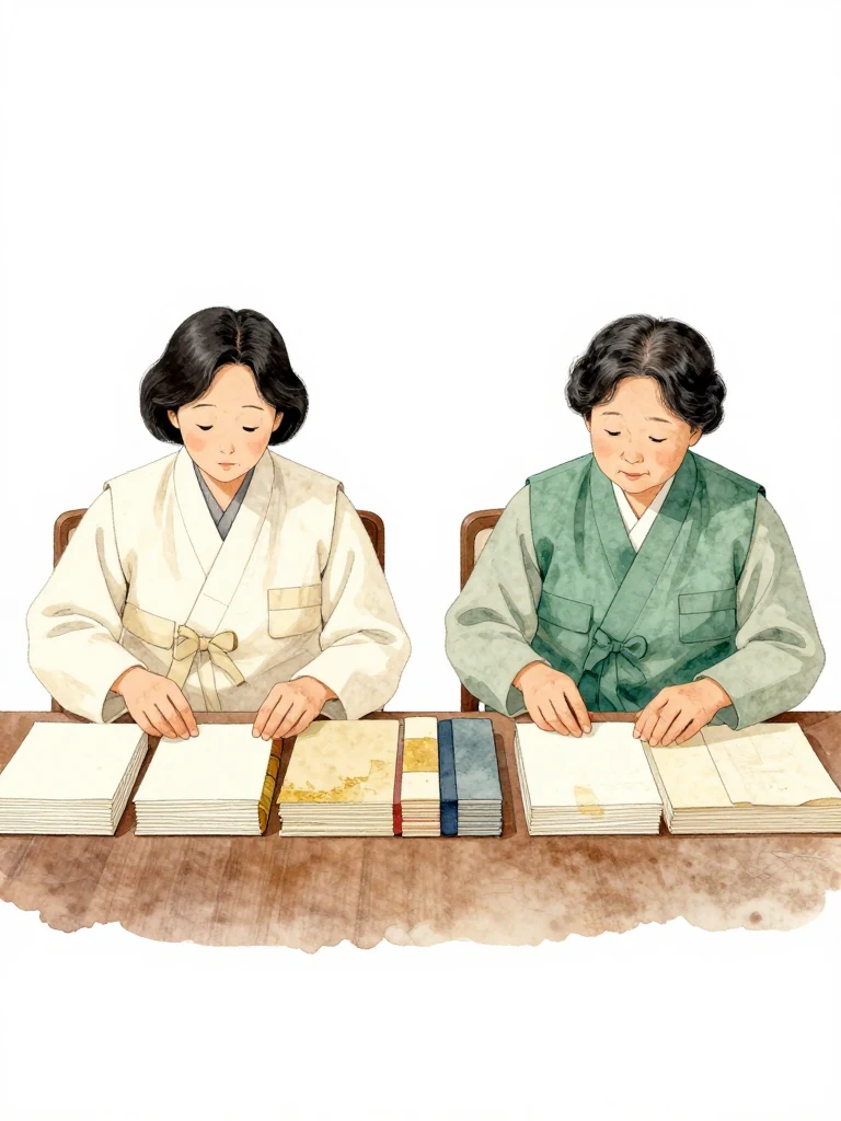 서지안 and 오세라 sit side by side at a long table, assembling chronologically separated institutional materials into one ordered chain of plain closed folios. Their hands separate each source into a distinct stack while sealed tabs and color bands preserve provenance visually. Soft overhead light and empty chairs emphasize sustained, methodical collaboration.