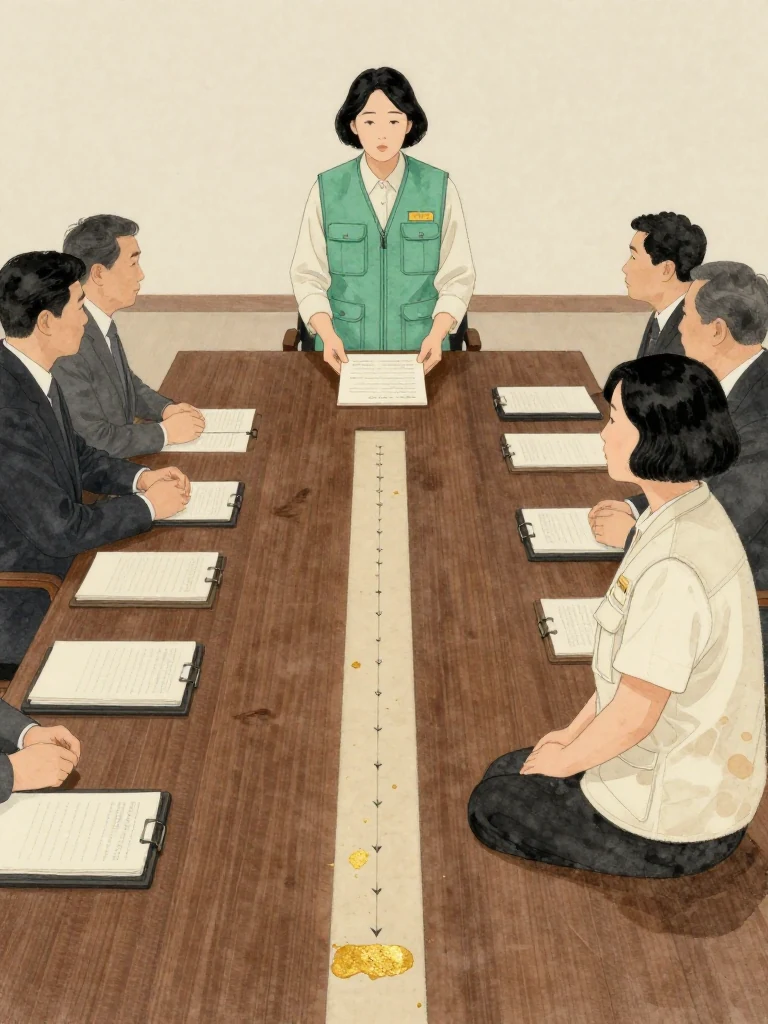 오세라 rises at the end of a long executive table and presents the withdrawal case with both palms steady while 서지안 sits beside the evidence chain, ready to answer. Anonymous executives occupy the opposite side. Cool boardroom light, aligned sealed folios, and restrained posture convey a final institutional decision rather than a gallery display.