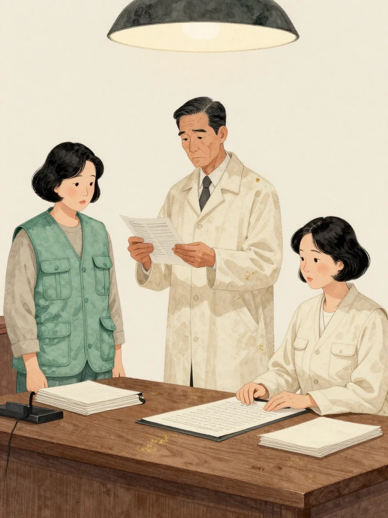 오세라 receives the legal concern with a measured nod while 허영근 studies the laboratory packet and the ordered evidence chain in silence. 서지안 remains seated beside the supporting materials. The executive table, sealed folios, and hard overhead light frame the moment financial calculation yields to a deliberate withdrawal.