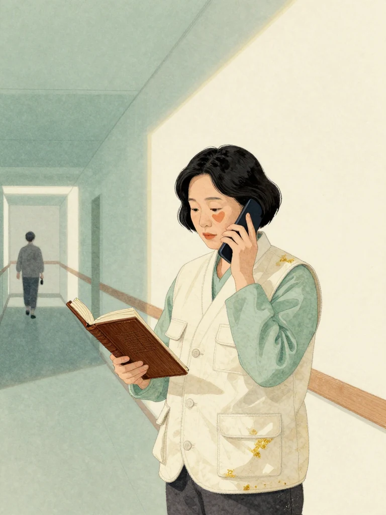 서지안 stands alone in a quiet auction corridor with a phone at one ear, listening as neighborhood news outruns the official announcement. Her free hand closes around a private bound volume before adding a small capped tool. Bare walls, soft afternoon light, and distant movement suggest consequences spreading beyond the institution.