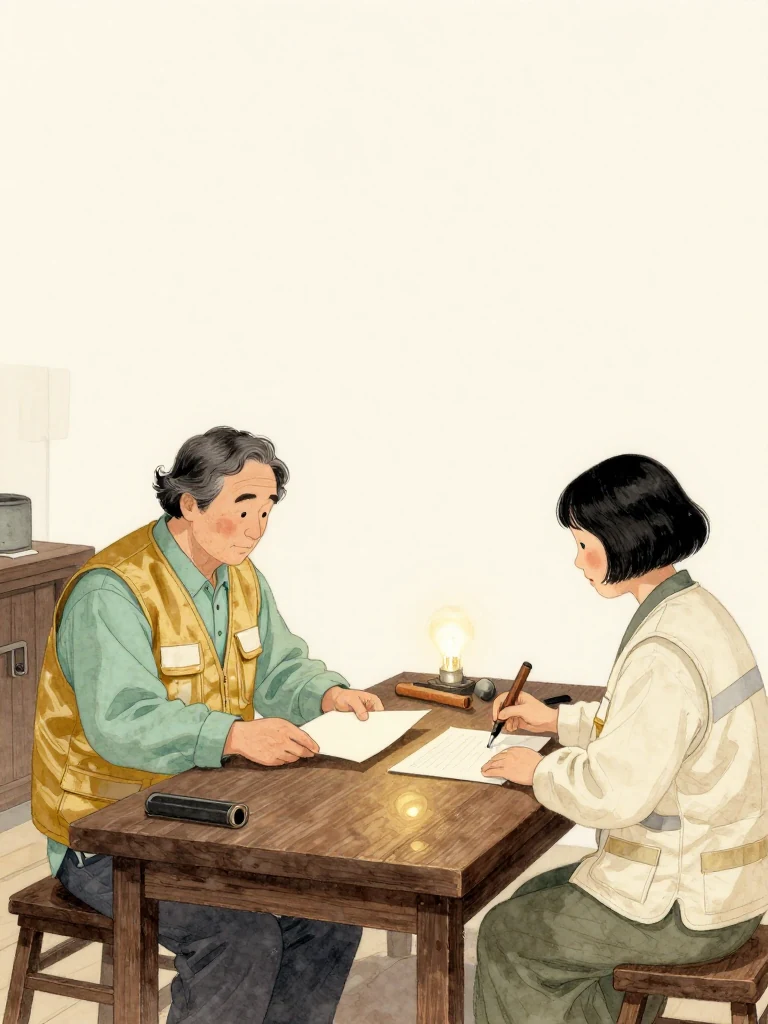 강도윤 sits across the workshop table and slides a plain official sheet face-down toward 서지안, who studies its seal bands before placing a capped hand tool beside it. His posture remains formal while hers stays direct. Evening bulb light, old tools, and closed attic storage join the new investigation to inherited evidence. Setting: 문향재.
