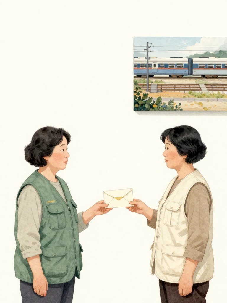 오세라 waits before the honest empty gallery wall and extends a plain stationery envelope toward 서지안. The second woman accepts it beneath the bare light rail where the landscape once hung. Cool white walls, their relieved posture, and a featureless contact token inside the open flap turn absence into a cautious future offer. Setting: 한율옥션 프리뷰룸.