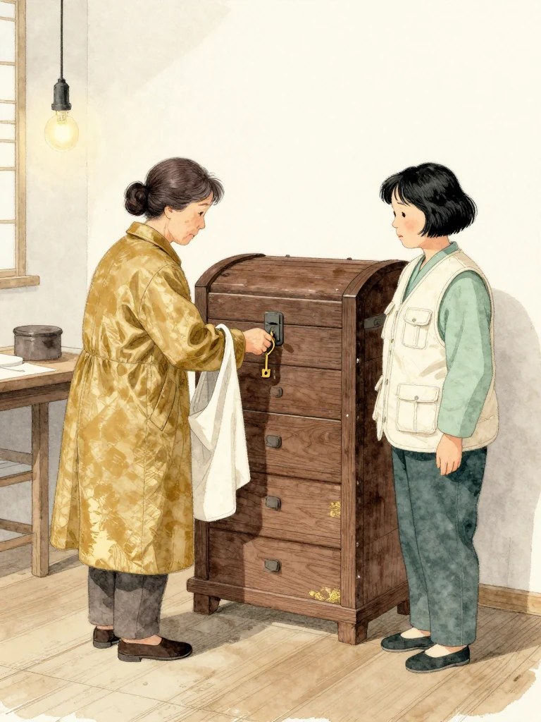 서명주 inserts a brass key into the locked wooden half-chest and pauses before turning it, while 서지안 waits close enough to share the opening. Her discarded shop apron hangs from one arm. Cold winter light, the workshop bulb, and worn floorboards hold grief and purpose together at the long-avoided latch. Setting: 문향재.