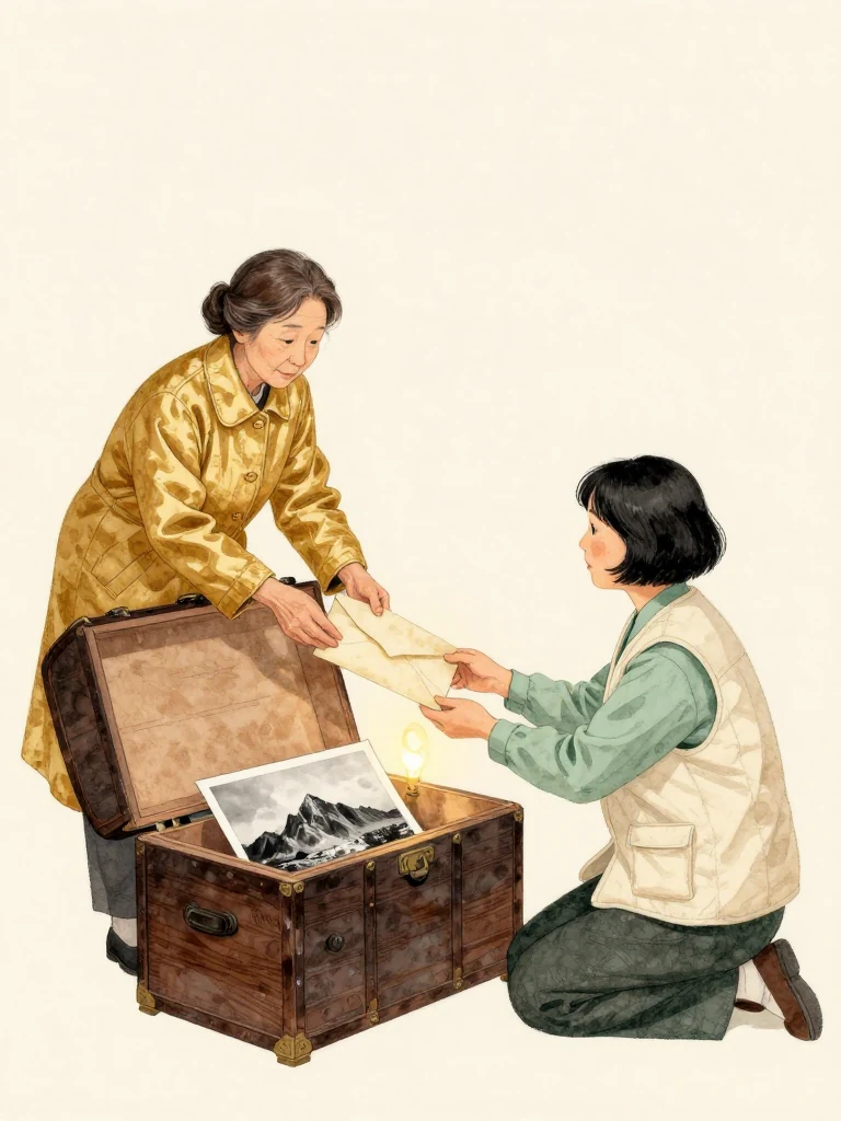 서명주 lifts a plain aged envelope from atop a lacquered box inside the opened half-chest and passes it unopened to 서지안. The younger woman kneels beside the chest, receiving it with both hands. A black-and-white mountain photograph and deeply folded sheet emerge under the warm workshop bulb. Setting: 문향재. Visible objects: 반닫이의 봉투.