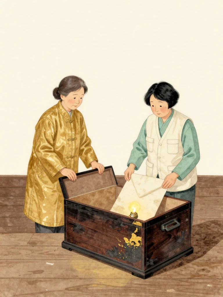 서명주 stands beside the open lacquered box with both hands braced on its edge while 서지안 unfolds the aged enclosure under the workshop bulb. The envelope casts a long shadow across worn wood. Their faces remain still as the elder's regret, responsibility, and unfinished intention become physically legible through the preserved materials. Setting: 문향재. Visible objects: 반닫이의 봉투.